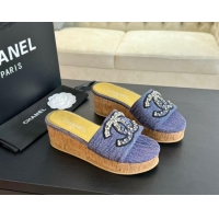 Luxurious Chanel Denim Wedge Slide Sandals 5.5cm with Crystals CC Purple 424101