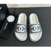 Durable Chanel Striped Slide Sandals Black 424107