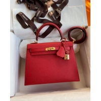 Top Design Hermes Kelly 25/28cm Bag in Original Epsom Leather K2528 Red/Gold 2024 ((Half Handmade)