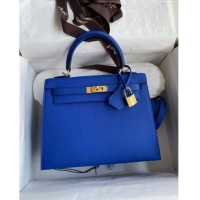 Luxurious Hermes Kelly 25/28cm Bag in Original Epsom Leather K2528 Blue/Gold 2024 ((Half Handmade)