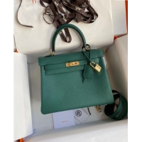 Market Sells Hermes Kelly 25/28cm Bag in Original Togo Leather K2528 Peacock Green/Gold 2024 (Half Handmade)