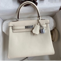 Top Design Hermes Kelly 25/28 Bag in Original Swift Leather Cream K2528 White/Silver 2024 (Full Handmade)
