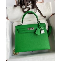 Grade Quality Hermes Kelly 32cm Bag in Original Epsom Leather K32 Bamboo Green/Silver 2024 (Half Handmade)