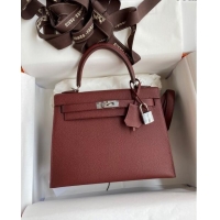 Luxury Discount Hermes Kelly 32cm Bag in Original Epsom Leather K32 Burgundy/Silver 2024 (Half Handmade)