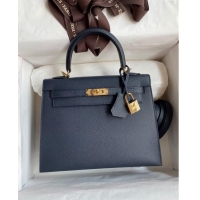 Super Quality Hermes Kelly 32cm Bag in Original Epsom Leather K32 Deep Blue/Gold 2024 (Half Handmade)