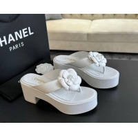 Hot Style Chanel Lambskin Camellia Wedge Thong Slide Sandals White 0425076