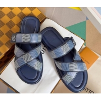 Sumptuous Louis Vuitton Men's LV Venice Flat Slide Sandals in Damier Leather Blue 0426101