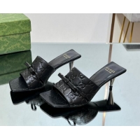 Classic Hot Gucci GG Leather Heel Slide Sandals 5.5cm with Bow Black 427027