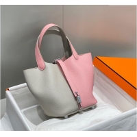Low Price Hermes Picotin Lock Bag 18cm in Patchwork Grained Leather H6015 Pearly Grey/Cream Pink
