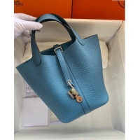 Top Grade Hermes Picotin Lock Bag 18cm/22cm in Taurillon Clemence Leather H0701 Denim Blue/Silver (Full Handmade)