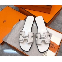 Good Quality Hermes Classic Oran Flat Slide Sandals in Calfskin with Stripes Embroidery White 327001