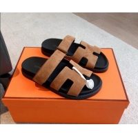 Best Grade Hermes Chypre Flat Sandals in Suede Brown 425151