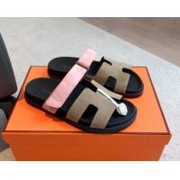 Hot Style Hermes Chypre Flat Sandals in Suede Khaki Grey 425157