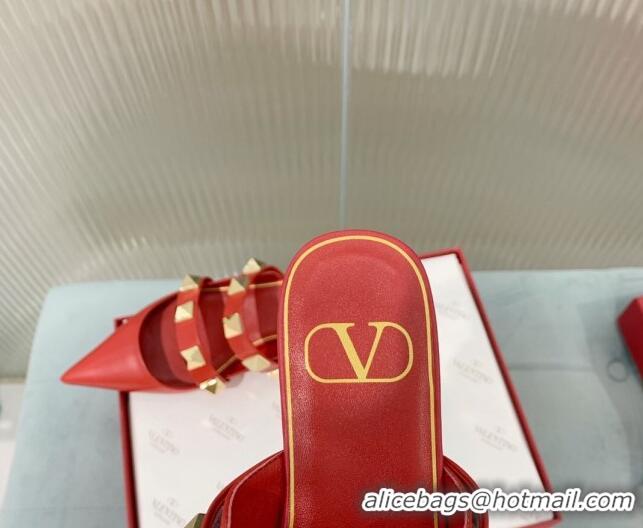 Good Quality Valentino Roman Stud Calfskin Flat Mules with Straps Red 429123