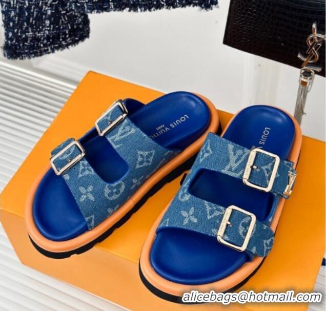 Grade Quality Louis Vuitton LV Flat Slide Sandals in Monogram Denim with Strap Blue 606179