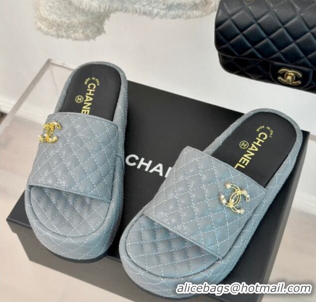 Purchase Chanel Quilted Lambskin Platform Slide Sandals with Strass CC Grey 601023