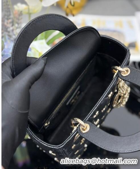 Grade Quality Dior Small Lady Dior MY ABCDior Bag in Cannage Lambskin with Gold-Finish Zodiac Sign Studs CD4082 Black 20