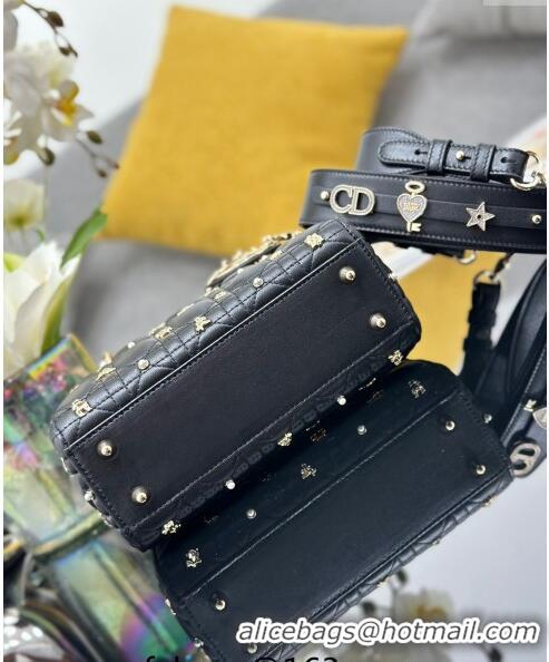 Grade Quality Dior Small Lady Dior MY ABCDior Bag in Cannage Lambskin with Gold-Finish Zodiac Sign Studs CD4082 Black 20