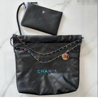 Famous Brand Chanel 22 Calfskin Small Shopping Bag AS3260 with Iridescent Logo Black 2024