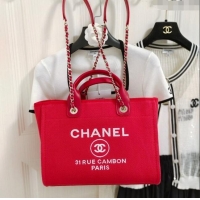 Pretty Style Chanel Deauville Cotton & Calfskin Medium Shopping Bag AS2007 Red 2024