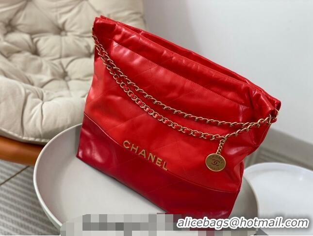 Shop Grade Chanel 22 Shiny Calfskin Patchwork Shopping Bag AS3261 Red 2024