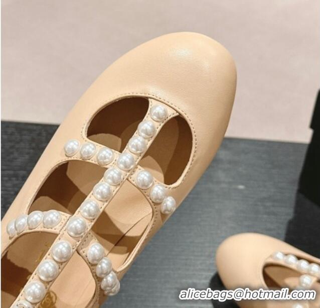 Popular Style Chanel Calfskin Mary Janes Ballet Flat with Pearls Strap Beige 701069