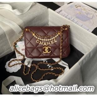 Top Design Chanel Shiny Lambskin Mini Flap Bag with Pearls AS4986 Dark Burgundy 2024