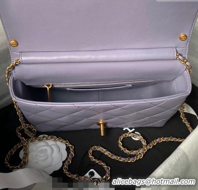 New Fashion Chanel Shiny Lambskin Small Flap Bag with Pearls AS5011 Light Purple 2024