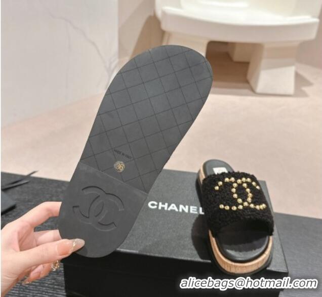 Shop Duplicate Chanel Teddy-Cloth Flat Slide Sandals with Studs CC Black 701121