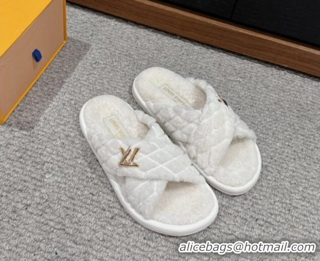 Shop Duplicate Louis Vuitton LV Bliss Comfort Flat Slides Sandals in Wool White 703081