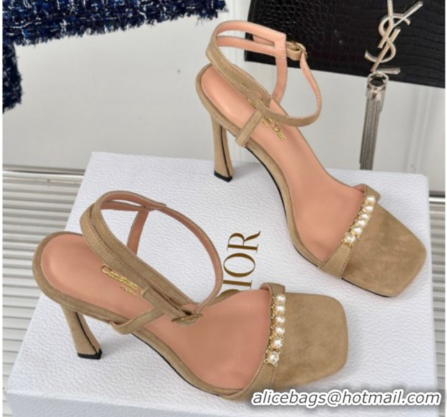 Stylish Dior Suede High Heel Sandals 10cm with Pearls Beige 604003