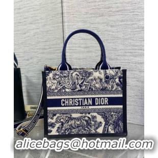 Shop Grade Dior Small Book Tote bag in Toile de Jouy Reverse Embroidery and Calfskin D0716 White/Navy Blue 2024