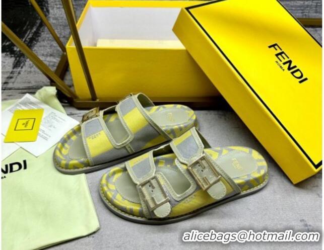 Most Popular Fendi Feel Feel Flat Slide Sandals in Printed Canvas Grey/Yellow 604171