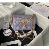 Top Quality Chanel Shiny Lambskin Mini Flap Bag with Pearls AS4986 Light Purple 2024