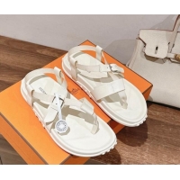 Shop Duplicate Hermes Inboard Flat Sandals with Buckle in Nappa Leather White 703008