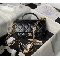 Buy Cheap Chanel Shiny Lambskin Mini Flap Bag with Top Handle and Buckle Chain AS4992 Black 2024