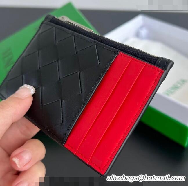 Grade Quality Bottega Veneta Zippered Card Case Wallet in Intrecciato Leather 755985 Black/Red 2024