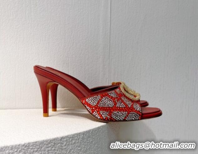 Sumptuous Valentino VLogo Heel Slides Sandal 8cm in Toile Iconographe Strass Burgundy 612063