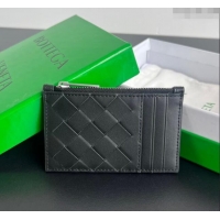 New Style Bottega Veneta Zippered Card Case Wallet in Intrecciato Leather 755985 Black/Silver 2024