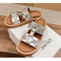 Best Product Celine Tippi Buckle Flat Slide Sandals in Calfskin Silver 322040