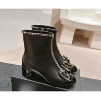 Low Price Chanel Calfskin Heel Ankle Boots with Chain and Bow Black 816083