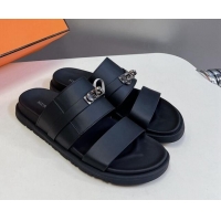 Durable Hermes Jackson Flat Slides Sandal in Smooth Calfskin with Kelly Buckle Black 724012