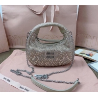 Super Quality Miu Miu Wander satin mini hobo bag with synthetic crystals 5BP078 Beige 2024