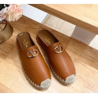 Cheap Price Valentino The Bold Edition VLogo Espadrille Flat Mules in Grained Calfskin Brown 612092