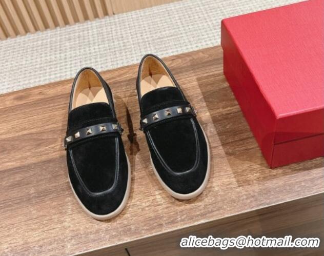 Grade Quality Valentino Leisure Flows Rockstud Loafers in Suede Black 812132