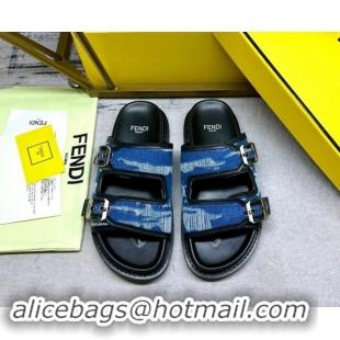 Grade Quality Fendi Denim Flat Slides Sandal with Buckle Blue/Black 813128