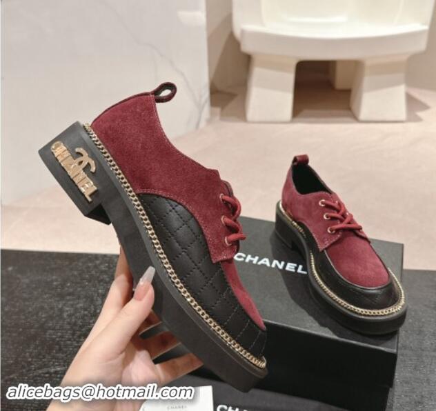 Good Looking Chanel Suede & Calfskin Lace-up Shoes with Logo Stud and Chain Burgundy 909067