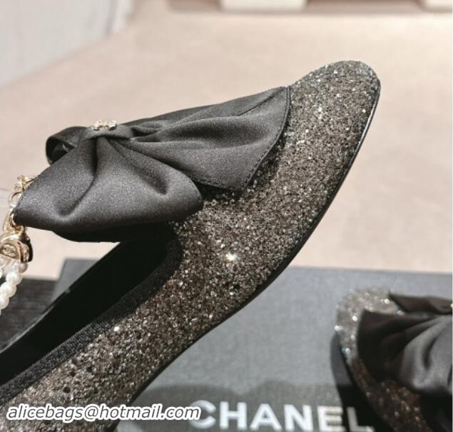 Top Design Chanel Sequins Loafers Flat with Pearls Ankle Strap and Maxi Bow Black 909117