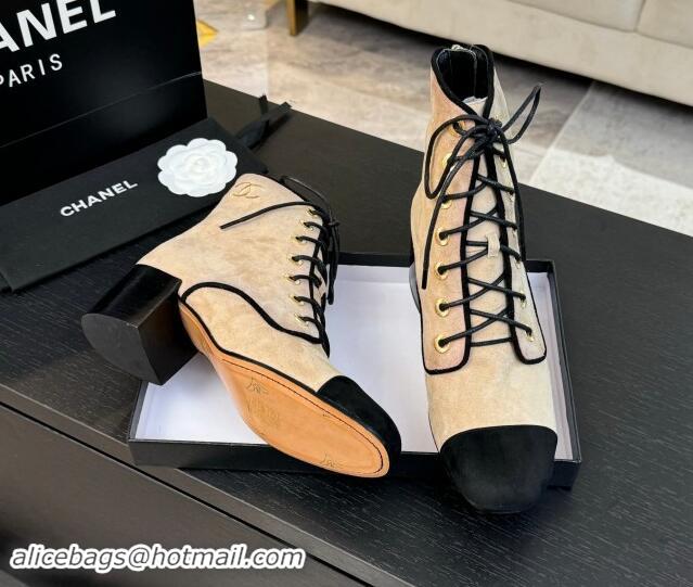 Stylish Chanel Suede Heel Lace-up Ankle Boots Beige 910077