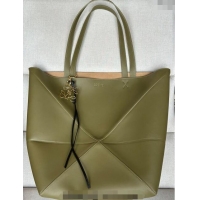 Top Quality Loewe Large Puzzle Fold Tote Bag in shiny calfskin L0066 Olive Green 2024 (No Charm)